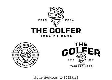 golf club with snake, golf ball, tee outline badge logo design set for golfer, sport and tournament.  golf ball illustration vintage logo element template for professional team 