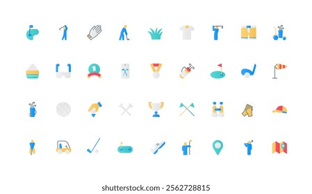 Golf club, sport tournament and leisure color icon set. Ball and hole, golf grass course and equipment of golfer, accessories of player, flag and cart, trophy cup flat elements vector illustration