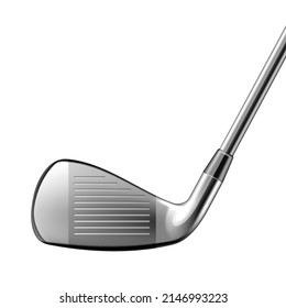 Golf Club Sportive Equipment For Play Game Vector. Iron Golf Club Tool For Playing Sport Activity. Metallic Accessory For Active Leisure Time Outdoor Template Realistic 3d Illustration