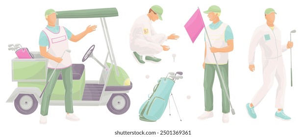 golf club staff  male caddie, golf cart, caddy man with flag, golf ball, clubs, golf bag