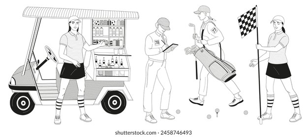 golf club staff part 1 female caddie, beverage cart, caddy girls with flag, golf bag, clubs, golf clash notebook  black and white outline vector illustration