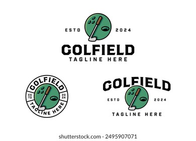 golf club with stick, ball and golf course logo design for golfer and tournament.  golf professional with putter, ball and field sign symbol modern logo. golf sport emblem badge logo illustration