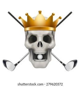 Golf club or team. Skull with crown and golf clubs. Vector Illustration isolated on background.