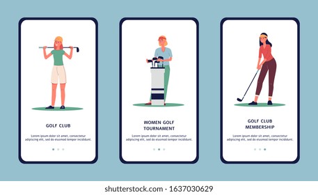 Golf club or golf tournament - mobile application design with women cartoon characters, flat vector illustration isolated on background. Sport and leisure concept.