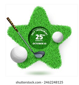 Torneo de club de golf, Plantilla de diseño de Anuncio de póster. Campo de golf en forma de estrella con pelotas y palos. Ilustración de dibujos animados de Vector aislado sobre fondo blanco