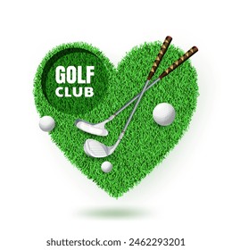 Torneo de club de golf, Plantilla de diseño de Anuncio de póster. Campo de golf en forma de corazón con pelotas y palos. Ilustración de dibujos animados de Vector aislado sobre fondo blanco