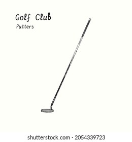 Golf Club types. Putters. Ink black and white doodle drawing in woodcut style.