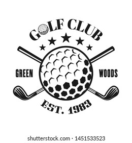 Golf club vector emblem with ball in vintage monochrome style isolated on white background