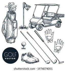 Golf club vector hand drawn icons and design elements set. Golf cart, ball, club, bag and accessories sketch illustration. Outdoor leisure activity stuff