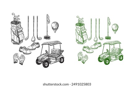 Golf club vector hand drawn icons and design elements set. Golf cart, ball, club, bag and accessories sketch illustration. Outdoor leisure activity stuff