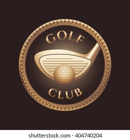 Golf club vector logo, icon, symbol, trophy. Design element with gold putter and golf ball