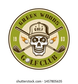Golf club vector round emblem, badge, label or logo with skull in hat. Vintage colored illustration isolated on white background