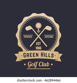 Golf club vintage logo, emblem, crossed golf clubs, gold on dark