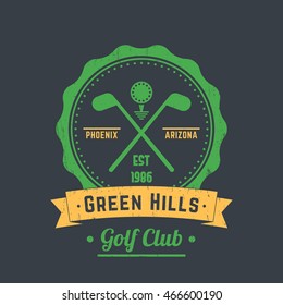Golf club vintage logo, emblem, crossed golf clubs and ball on gray