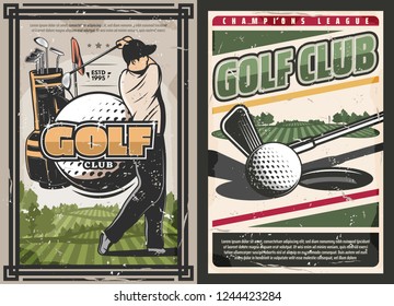 Golf club vintage posters, sport game with professional golfer. Vector sportsman with stick hits ball on green course, sport bag with clubs. Sporting competition or tournament announcement, vector