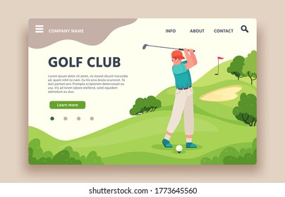 Golf club web site. Sports club with green play field, holes with flagsticks, sand traps, golf cart, golfing school landing vector page. Man player with equipment as stick and ball