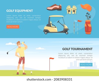 Golf Club with Young Man on Green Lawn Playing Club-and-ball Sport Game Vector Template
