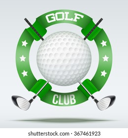 Golf clubs and ball with ribbons. Sporting symbol. Vector Illustration isolated on white background.