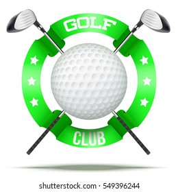 Golf clubs and ball with ribbons. Sporting symbol. Vector Illustration isolated on white background.