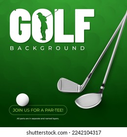 Golf clubs and ball with shadows on green - background for your golf design. Vector illustration.