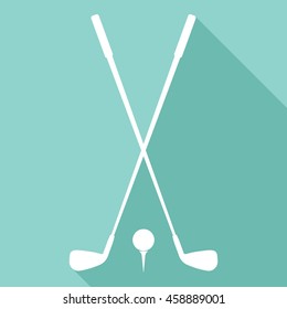 Golf clubs and ball vector icon with long shadow. White illustration isolated on green background for graphic and web design.