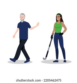 Golf coach walking away in anger because of his atlete. communicating. Communication of multinational friends. People conversation. Flat vector illustration isolated on white background