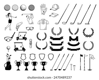 Golf collection. Sport equipment for golf game balls stick achievement cups and ribbons with place for text recent vector template collection