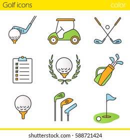 Golf color icons set. Ball on tee, golf cart, clubs, golfer's checklist, championship symbol, bag, course, flagstick in hole. Isolated vector illustrations