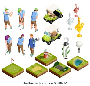 Golf colored isometric decorative icons set of  tournament prize cabriolet course areas golfers putters isolated vector illustration