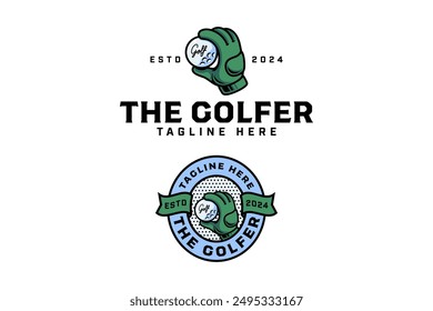 logo de la insignia colorida del golf con el diseño de la bola que sostiene el guante fijado para el golfista, el deporte del golf y el torneo. ilustración del club de golf Plantilla vintage del elemento del logotipo para el equipo profesional del golf 