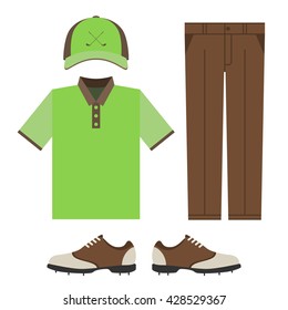 Golf colorful clothes set. Polo t-shirt, cap, pants and shoes. Sports uniform. Vector illustration isolated on white background for your web site design