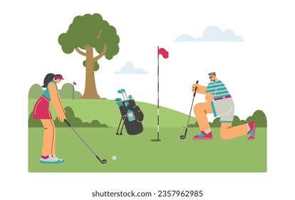 Golf competition or friendly match, couple leisure outdoors scene flat cartoon vector illustration isolated on white background. Golf competitors on course field.