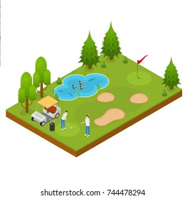 Golf Composition Concept 3d Isometric View for Web, App, Map or Game Include of Green Field, Hole, Flag and Ball. Vector illustration