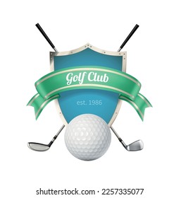 Golf composition with isolated golf club emblem with realistic ball and brassie images vector illustration