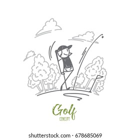 Golf concept. Hand drawn golfer hitting golf shot. Golf player on a field isolated vector illustration.
