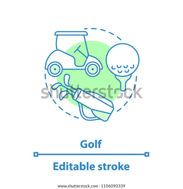 Golf concept icon. Outdoor activities idea thin\
line illustration. Golf ball, stick, car. Vector isolated outline\
drawing. Editable stroke