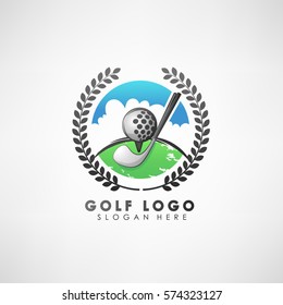 Golf concept logo template with laurel wreath. Label for golf tournaments, organization, and country clubs. Vector illustration