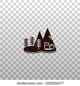 Golf cource or field with flag, hole, ball, trees and mountains - black silhouette, icon, image on isolated transparent background.  