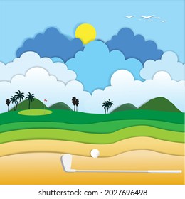 Golf course art, wallpaper-cut style.
vector illustration
