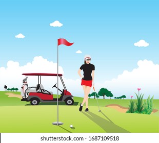 Golf course background view in clear sky atmosphere and beautifull golfer