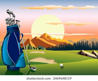 Golf course background view in clear sky atmosphere. Vector illustration.