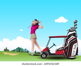 Golf course background view in clear sky atmosphere and beautifull lady.