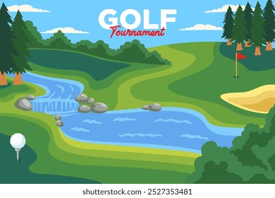 golf course with ball, hole, flag, river and sand trap landscape background vector illustration collection for golf club sport and tournament banner, poster, wallpaper and social media