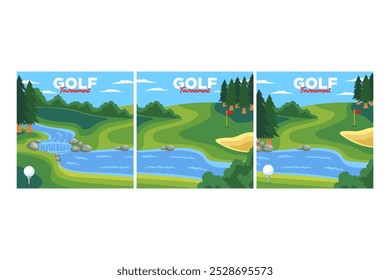 golf course with ball, hole, flag, river and sand trap square background vector illustration collection for golf club sport and tournament banner, poster, wallpaper and social media