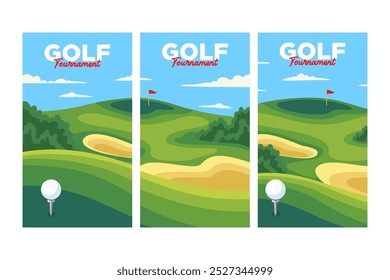 golf course with ball on tee, hole, flag and sand trap vertical oriental background vector illustration collection for golf club sport and tournament banner, poster, flyer, wallpaper and any media