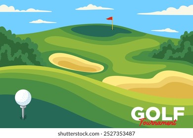 campo de golfe com bola na árvore, buraco, bandeira e areia armadilha paisagem fundo vetor coleção ilustração para esporte clube de golfe e banner do torneio, cartaz, papel de parede e mídias sociais