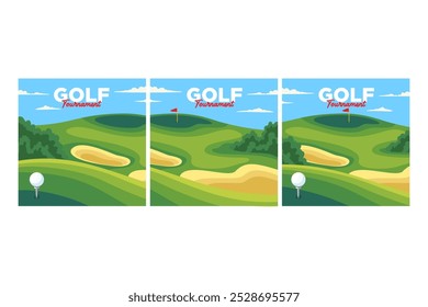 golf course with ball on tee, hole, flag and sand trap square background vector illustration collection for golf club sport and tournament banner, poster, wallpaper and social media