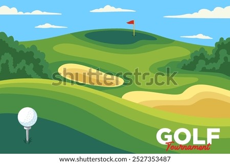 golf course with ball on tee, hole, flag and sand trap landscape background vector illustration collection for golf club sport and tournament banner, poster, wallpaper and social media