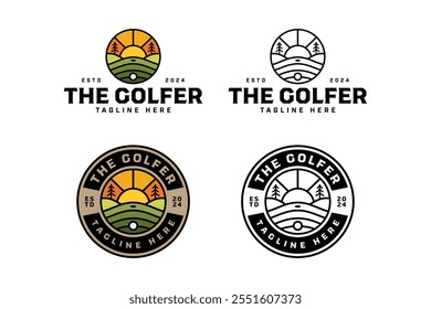 golf course with ball, tree, sunset line art illustration logo design. golf field with ball, pine, sunburst circle badge logo design set for golfer, golf club sport and tournament