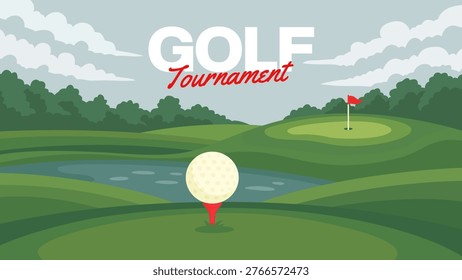 Golf course banner with ball on tee, green, flag, landscape for sport league. Golf tournament poster with ball and hole for leisure sport. Golf country with ball on tee, flag and green for event